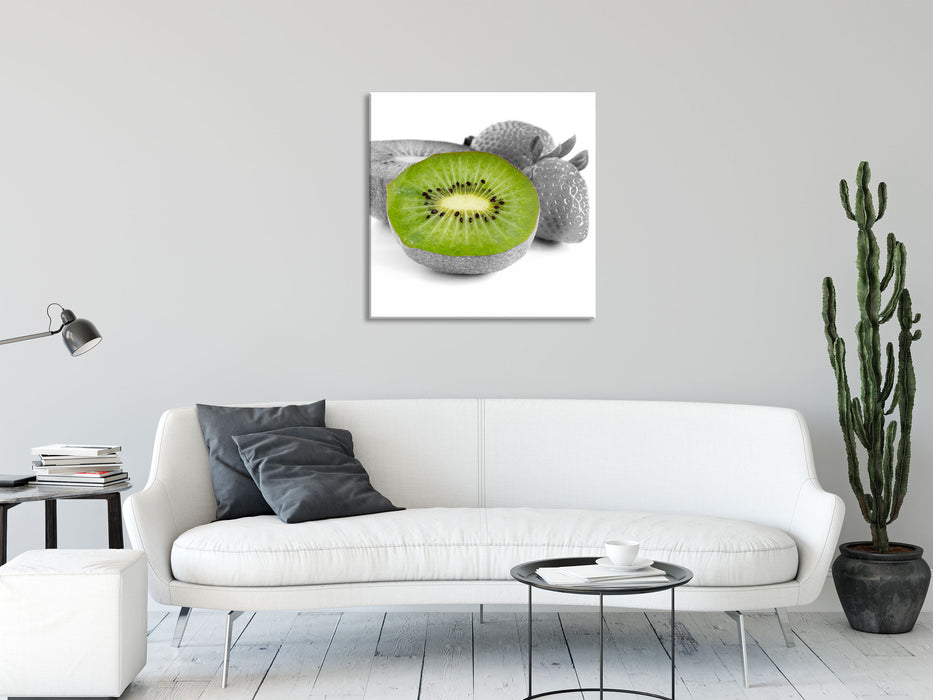 fruchtige Erdbeeren mit Kiwi, Glasbild Quadratisch