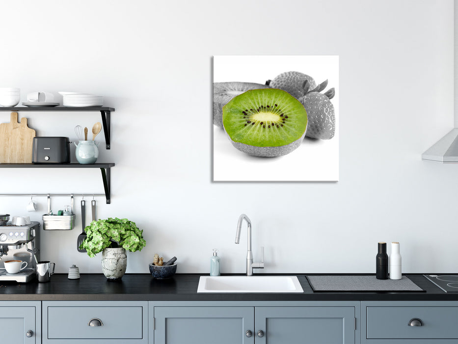 fruchtige Erdbeeren mit Kiwi, Glasbild Quadratisch