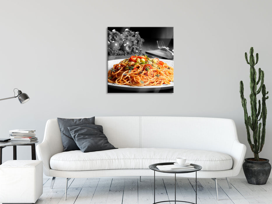 schmackhafte Spaghetti Italia, Glasbild Quadratisch