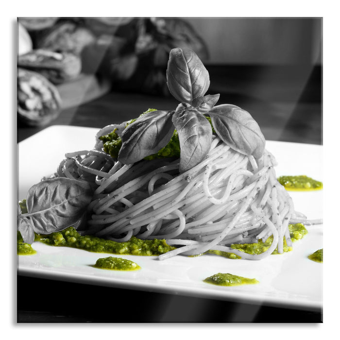 Pixxprint Spaghetti mit Pesto und Basilikum, Glasbild Quadratisch