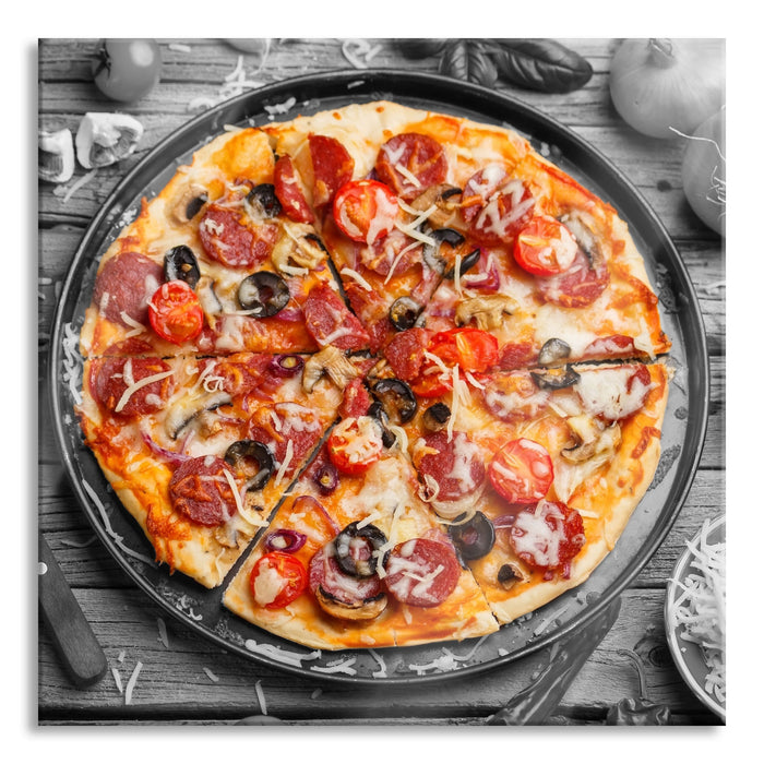 Pixxprint Pizza auf Pizzablech, Glasbild Quadratisch