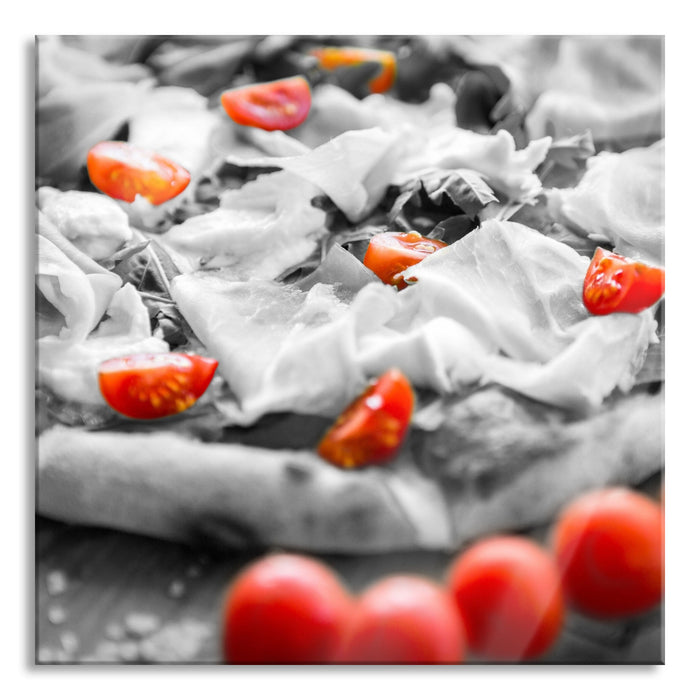 Pizza mit Schinken und Tomaten, Glasbild Quadratisch