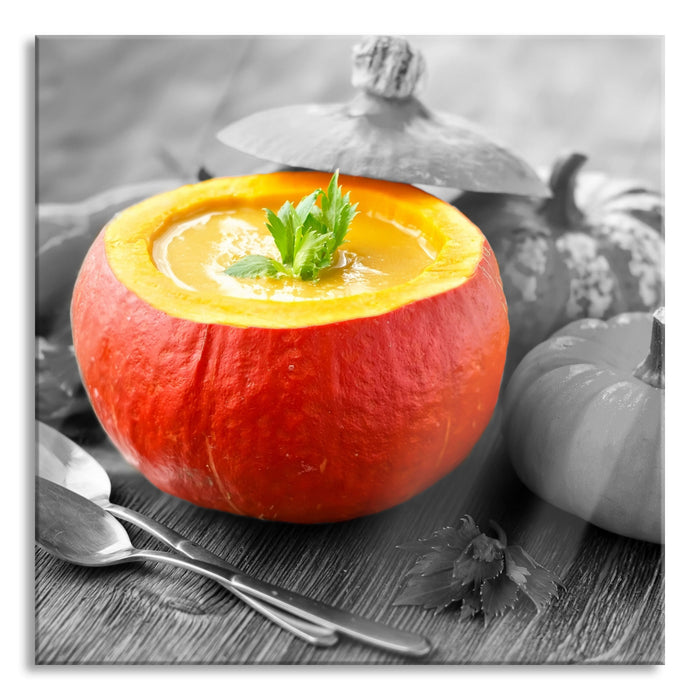 Pixxprint schmackhafte Kürbissuppe, Glasbild Quadratisch