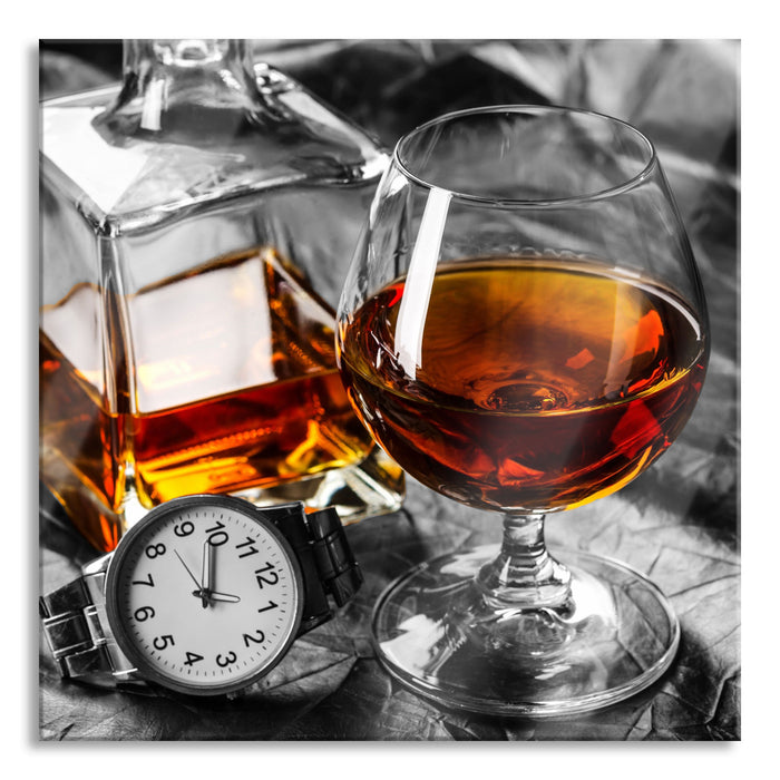 Pixxprint Man Things mit Whiskey und Uhr, Glasbild Quadratisch