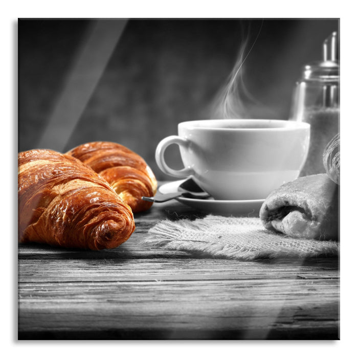 Pixxprint Croissants mit frischem Kaffee, Glasbild Quadratisch