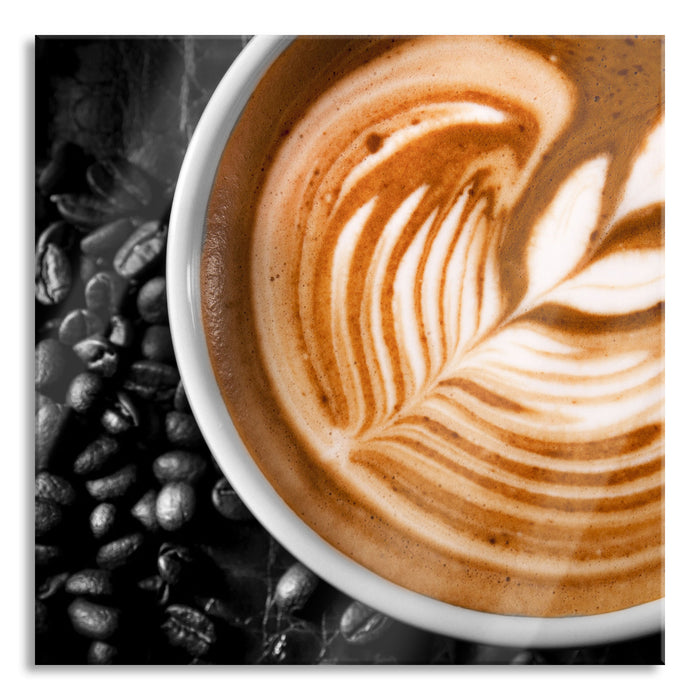 Pixxprint edler Kaffee mit Schaumverzierung, Glasbild Quadratisch