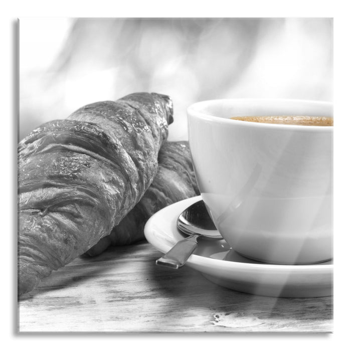 Croissants und Kaffee, Glasbild Quadratisch