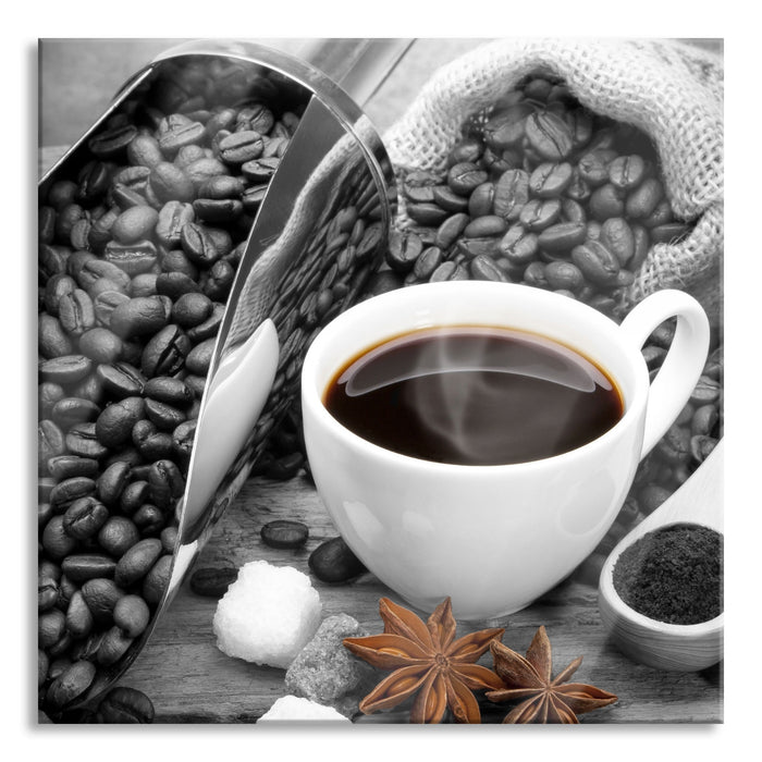 Pixxprint Kaffee neben Kaffeebohnen, Glasbild Quadratisch