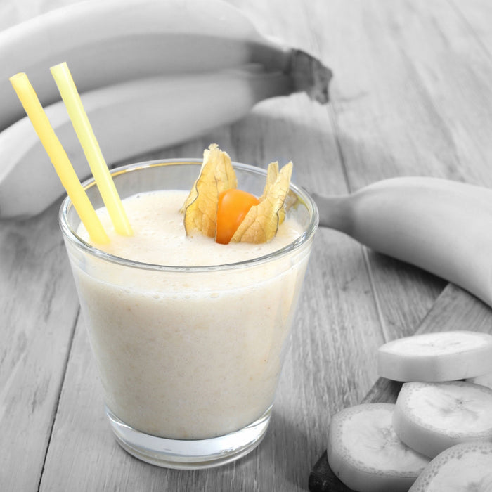 frischer Bananenshake, Glasbild Quadratisch