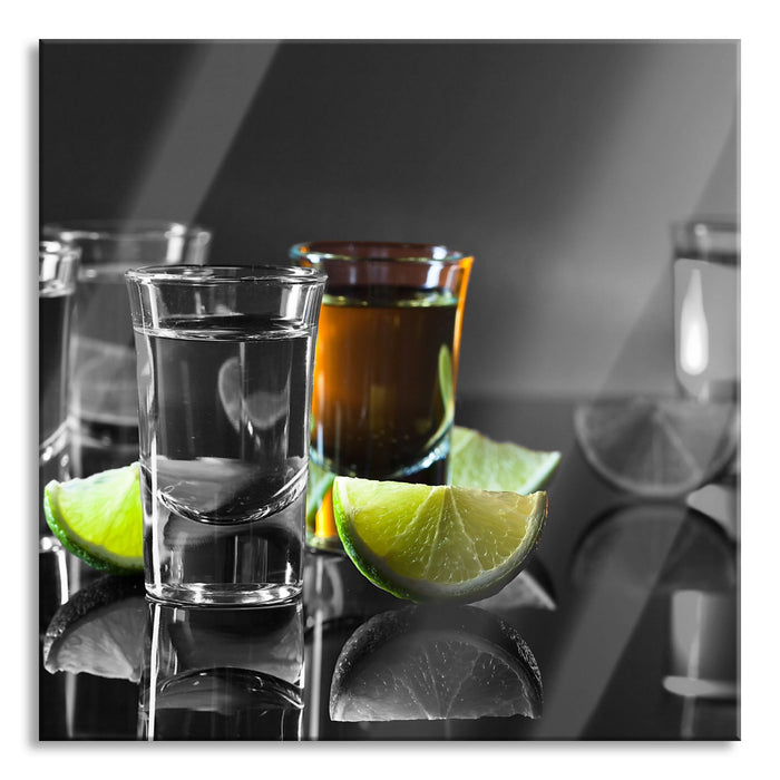 Tequila Shots mit Limetten, Glasbild Quadratisch