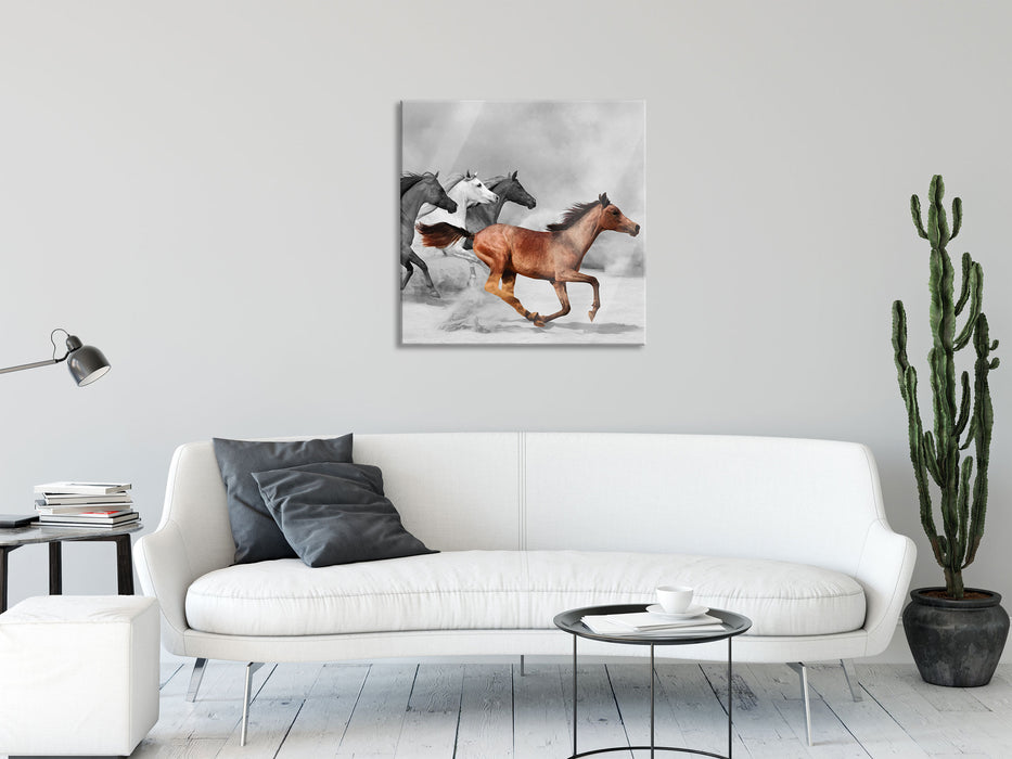 Mustangs in der Wüste, Glasbild Quadratisch