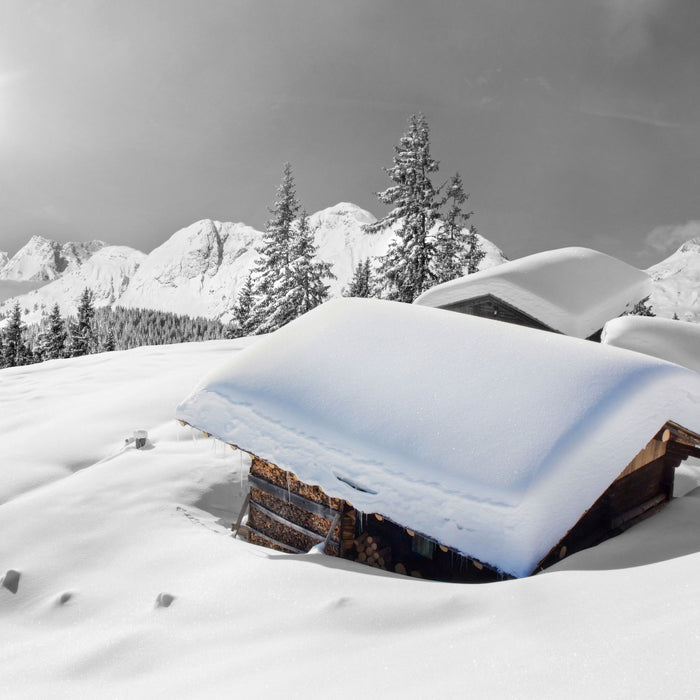 Berghütten in den Alpen, Glasbild Quadratisch