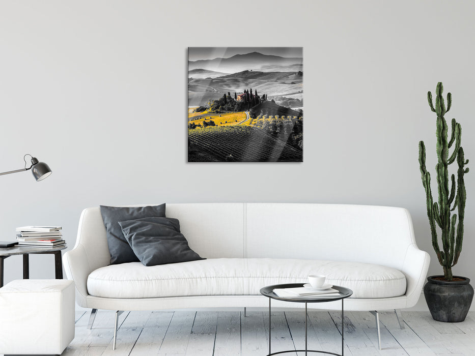 Toskana Landschaft mit Feldern, Glasbild Quadratisch