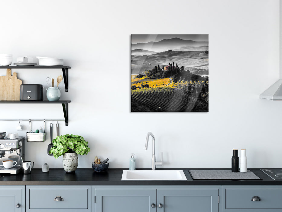 Toskana Landschaft mit Feldern, Glasbild Quadratisch