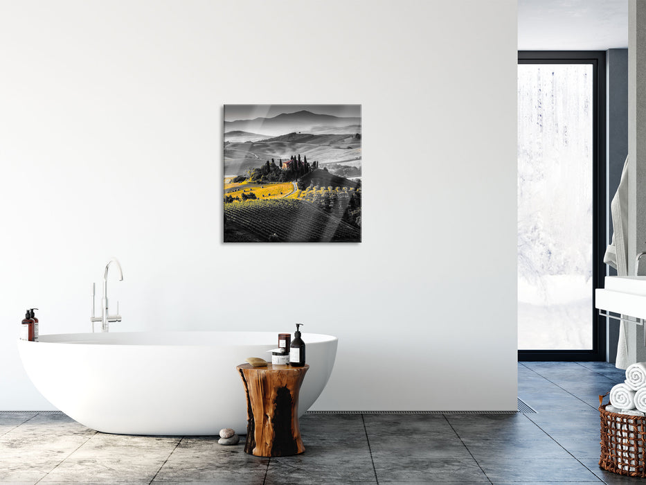 Toskana Landschaft mit Feldern, Glasbild Quadratisch