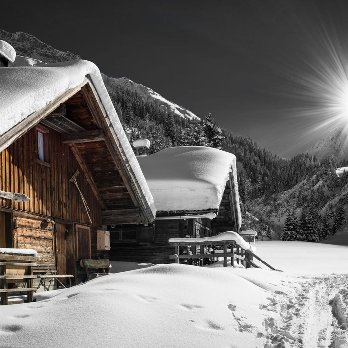 Alpenhütten, Glasbild Quadratisch