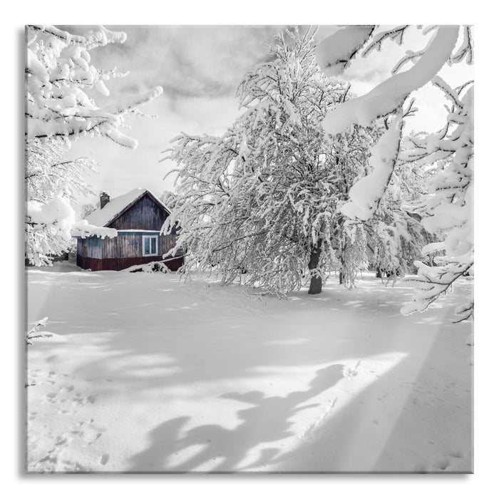 Pixxprint Hütte in schöner Winterlandschaft, Glasbild Quadratisch