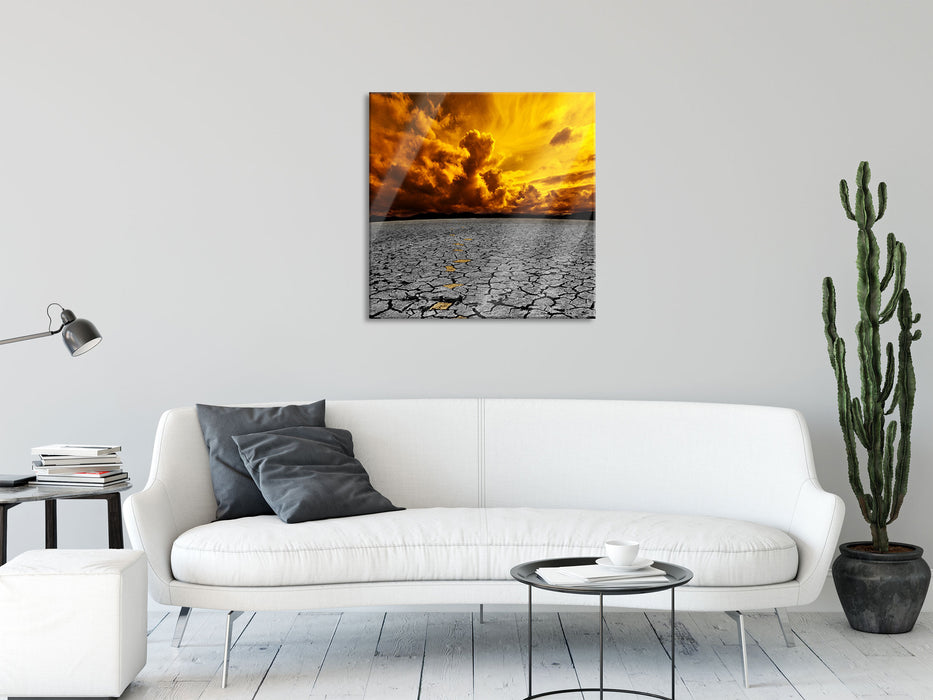 ausgetrocknete Landschaft, Glasbild Quadratisch