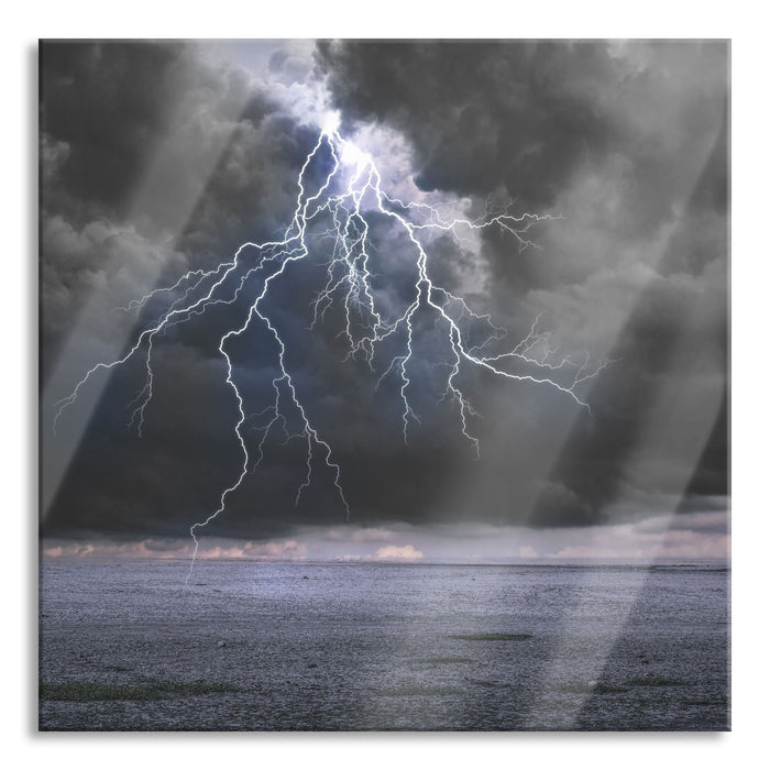 Pixxprint Gewitter über Meer, Glasbild Quadratisch