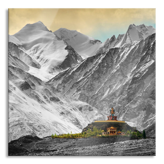 Pixxprint Tempel in den Bergen von Tibet, Glasbild Quadratisch