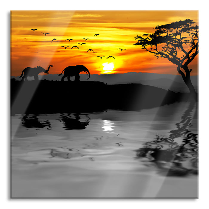 Pixxprint Afrikanische Steppe mit Elefanten, Glasbild Quadratisch