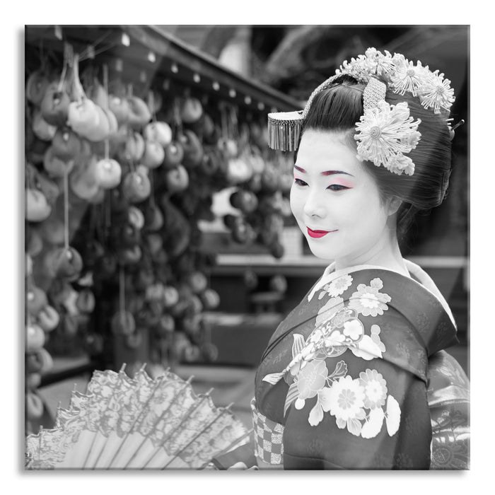 Pixxprint schöne Geisha mit Fächer, Glasbild Quadratisch