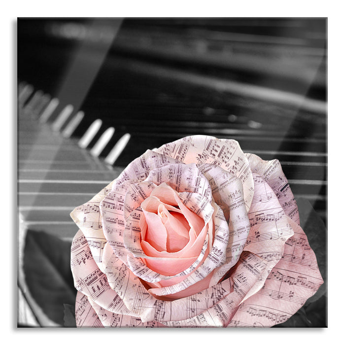 Pixxprint Noten auf Rosenblätter, Glasbild Quadratisch