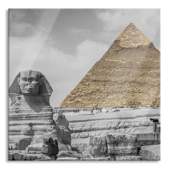 Pixxprint Sphinx vor Pyramide, Glasbild Quadratisch