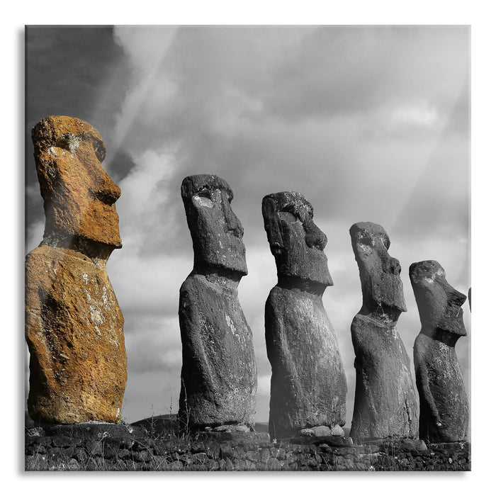 schöne Moai Statuen, Glasbild Quadratisch