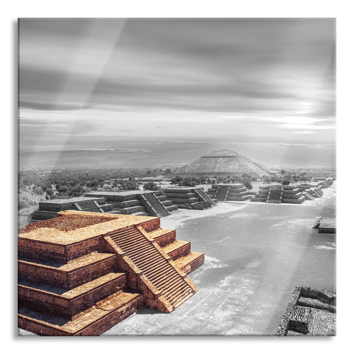 Pixxprint Maya Tempel in Teotihuacan, Glasbild Quadratisch