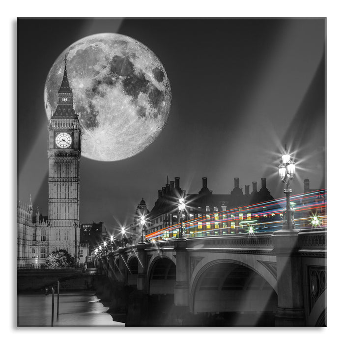 Big Ben mit Mond London, Glasbild Quadratisch