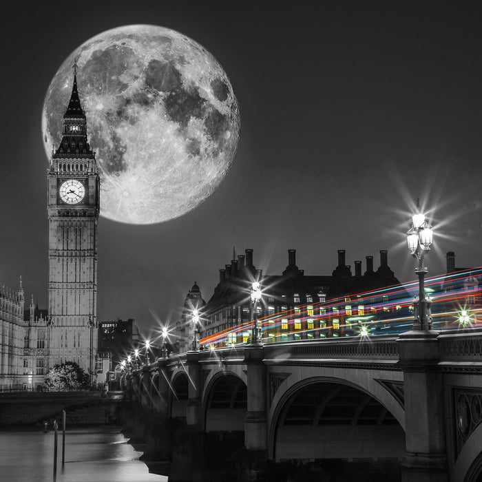 Big Ben mit Mond London, Glasbild Quadratisch