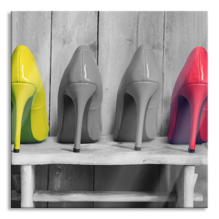 Pixxprint High Heels auf Hocker, Glasbild Quadratisch