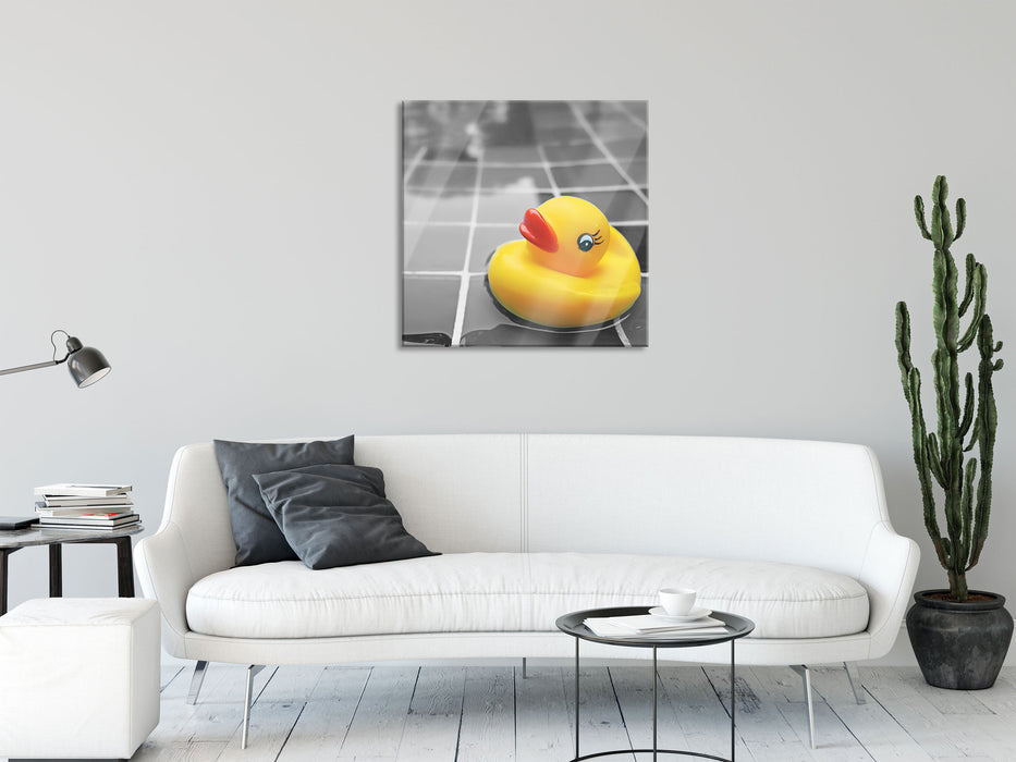 Quietsche Ente im Wasser, Glasbild Quadratisch