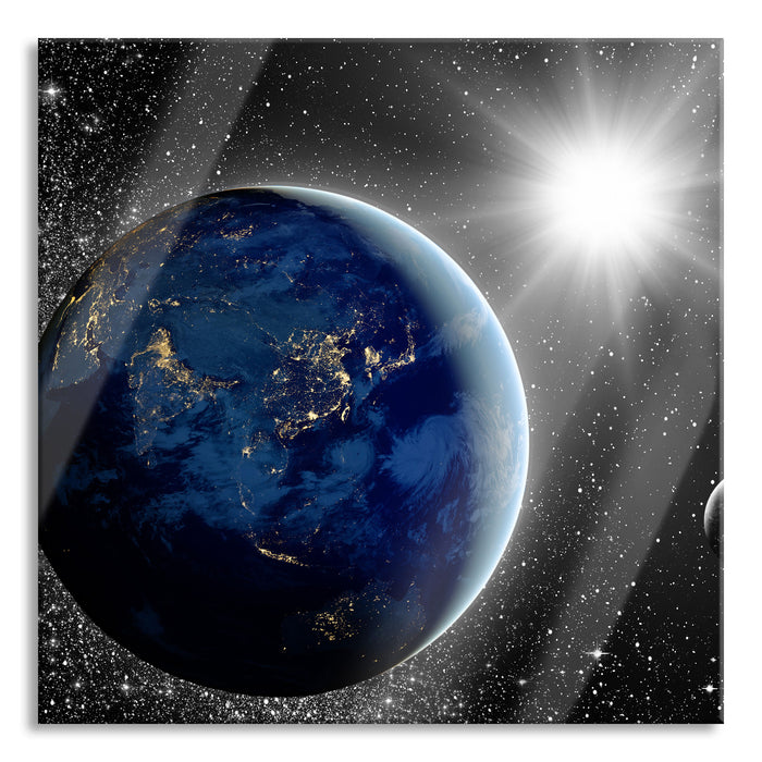 Pixxprint Erde mit Sonne im Weltall, Glasbild Quadratisch