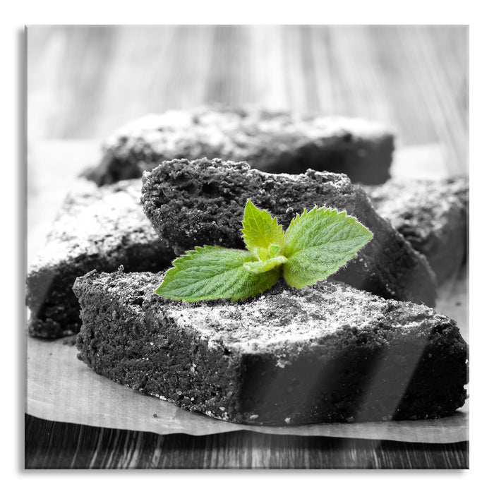 köstlicher Brownie mit Minze, Glasbild Quadratisch