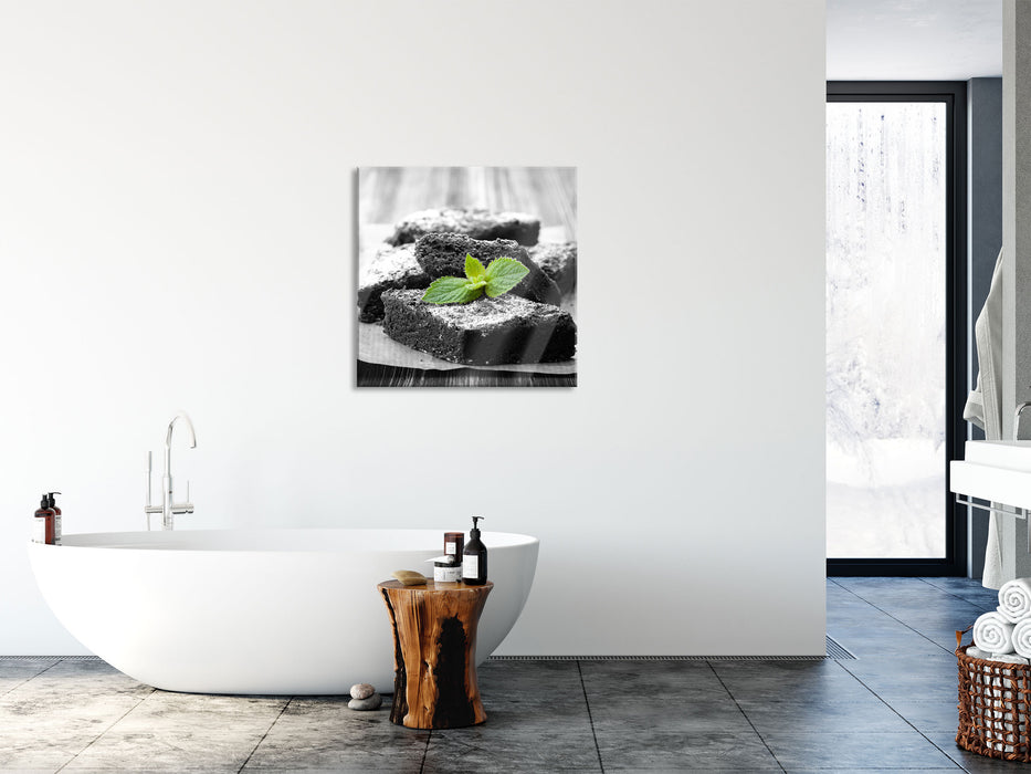 köstlicher Brownie mit Minze, Glasbild Quadratisch