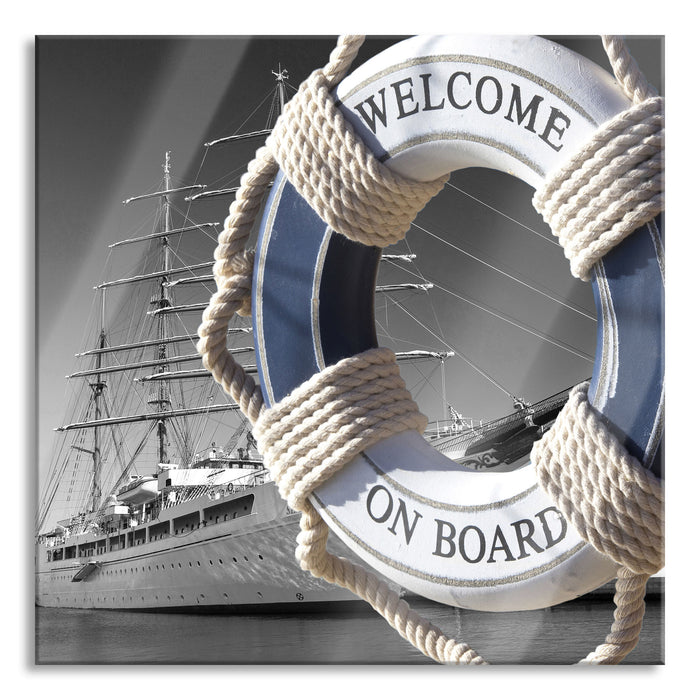 Pixxprint Rettungsring im Hafen, Glasbild Quadratisch