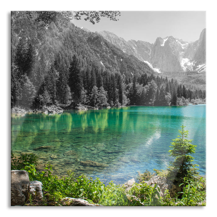 Pixxprint See in einer Berglandschaft, Glasbild Quadratisch