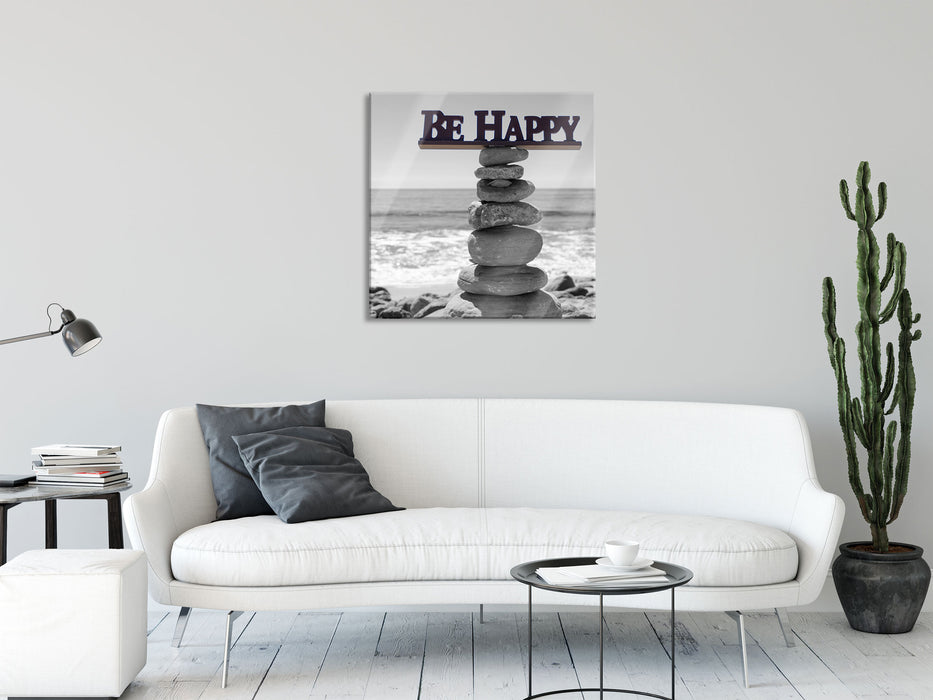 Be Happy Steinturm, Glasbild Quadratisch