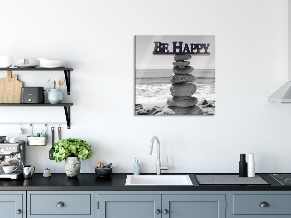 Be Happy Steinturm, Glasbild Quadratisch