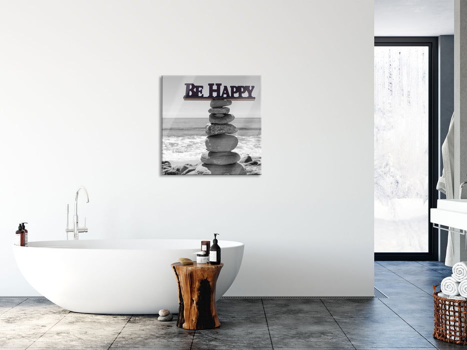 Be Happy Steinturm, Glasbild Quadratisch