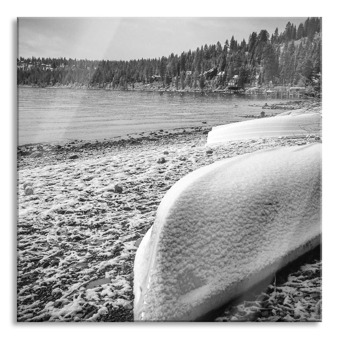 Pixxprint Boote im Winter am See, Glasbild Quadratisch