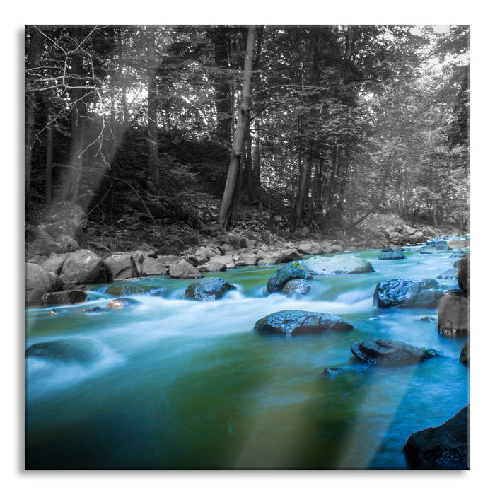 Fluss im Wald mit Steinen, Glasbild Quadratisch