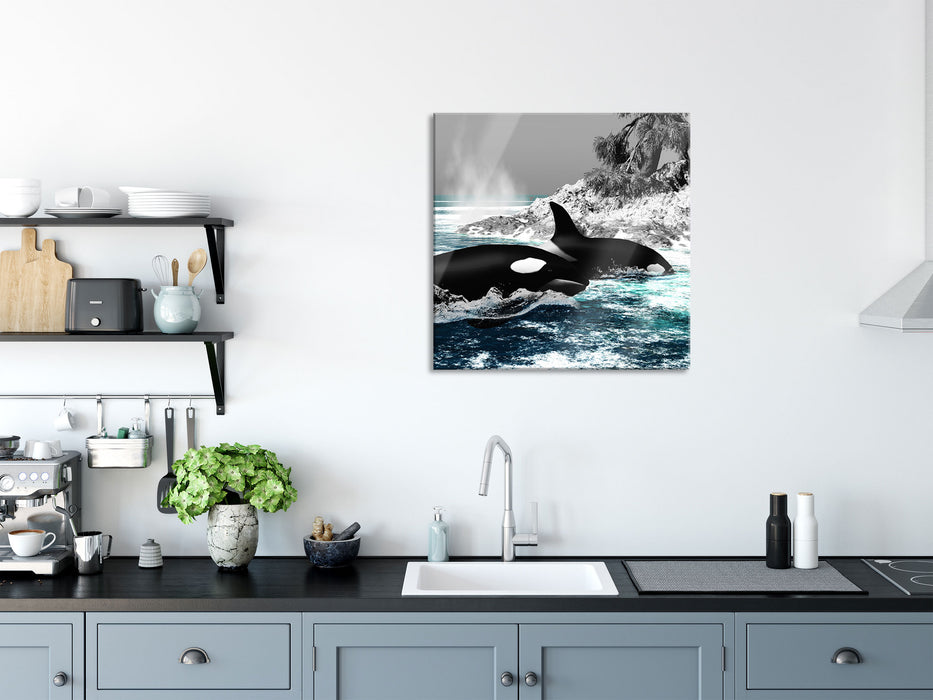 schöne Orcas vor Insel, Glasbild Quadratisch