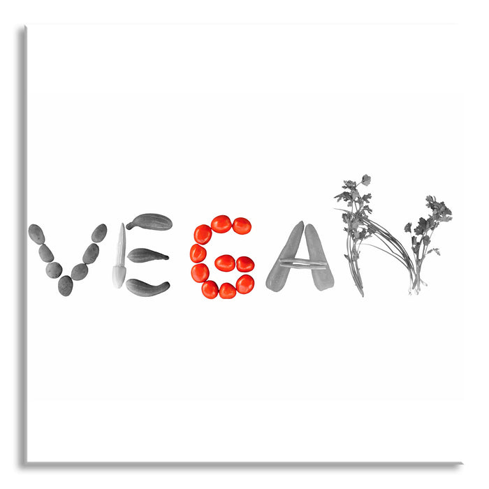 Pixxprint Schriftzug Vegan Gemüse, Glasbild Quadratisch