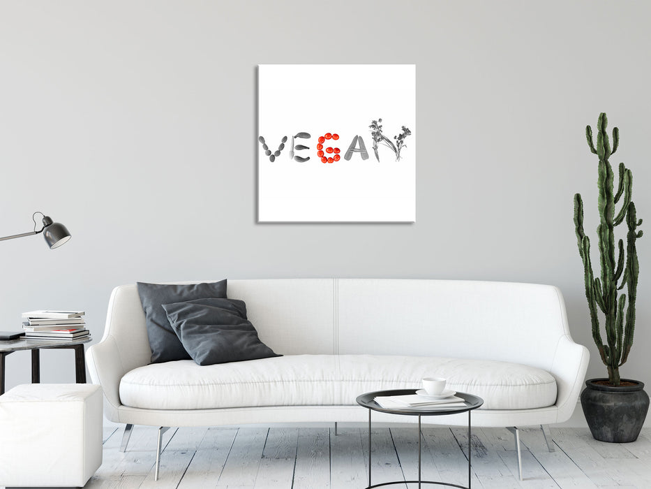 Schriftzug Vegan Gemüse, Glasbild Quadratisch