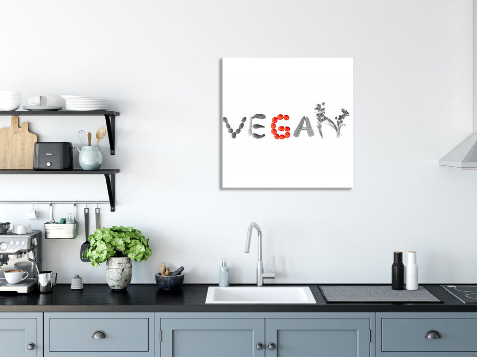 Schriftzug Vegan Gemüse, Glasbild Quadratisch