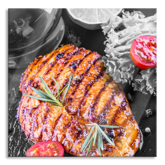 Pixxprint Saftiges Steak mit Tomaten, Glasbild Quadratisch