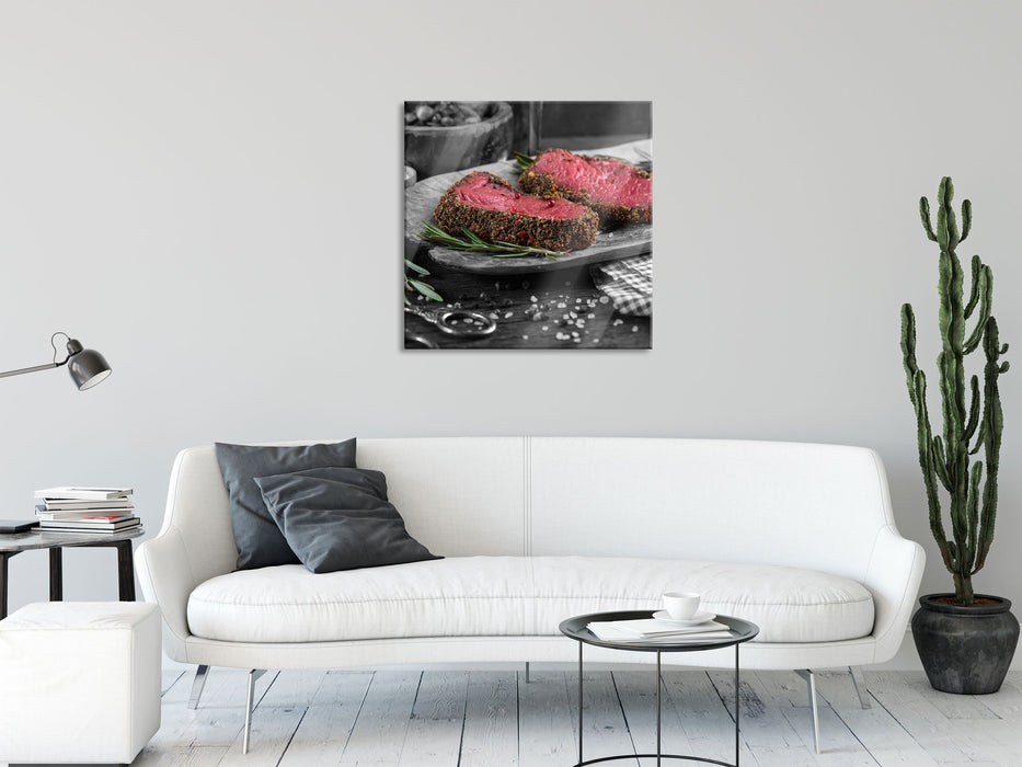 Saftiges Steak Zubereitung, Glasbild Quadratisch